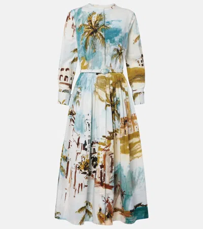 Oscar De La Renta Long-sleeve Landscape-print Cotton Poplin Midi Shirtdress With Belt In Multi
