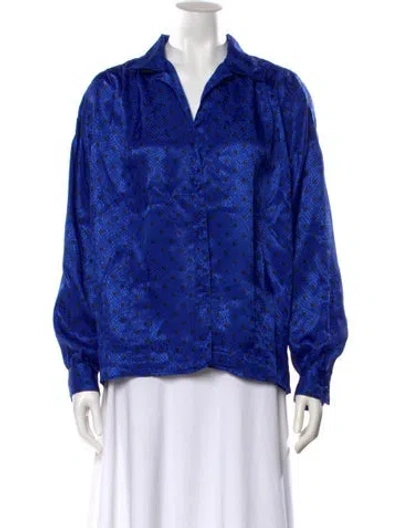 Pre-owned Oscar De La Renta Polka Dot Print Long Sleeve Blouse In Blue