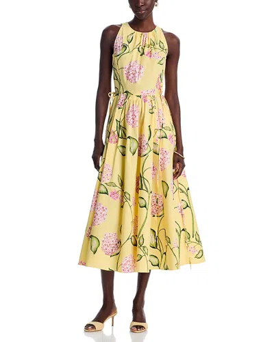 Oscar De La Renta Sleeveless Porcelain Flower Waist-tie Midi Dress In Yellow