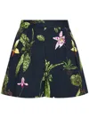 Oscar De La Renta Orchids Poplin Wide Leg Shorts In Blue