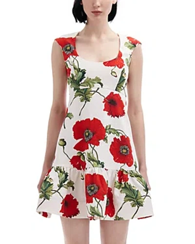 Oscar De La Renta Floral Cotton Cloque Mini Dress In White Red