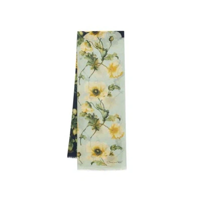 Oscar De La Renta Floral-print Cashmere Scarf In Sage/yellow