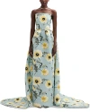 Oscar De La Renta Poppy Column Gown With Bustle In Sage/yellow