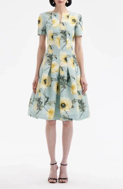 Oscar De La Renta Poppies Floral Pleated Fit & Flare Dress In Sage/ Yellow
