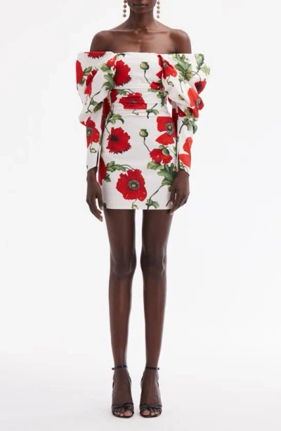 Oscar De La Renta Poppies Off The Shoulder Long Sleeve Minidress In White/ Red
