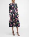 Oscar De La Renta Poppies-print Long-sleeve Pleated Poplin Midi Shirtdress In Navy Pink