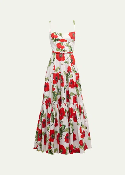 Oscar De La Renta Poppies-print Sleeveless Belted Tiered Maxi Dress In White/red