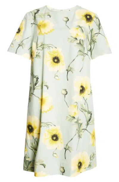 Oscar De La Renta Poppies Short Sleeve Shift Dress In Sage/yellow