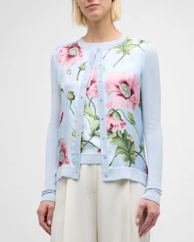 Oscar De La Renta Poppies Silk Twill-inset Long-sleeve Knit Cardigan In Light Bluepink