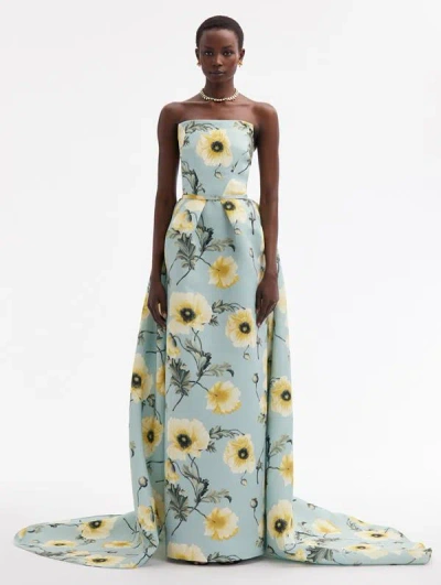 Oscar De La Renta Poppy Column Gown With Bustle In Sage/yellow