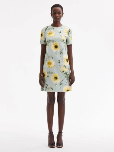 Oscar De La Renta Poppy Cotton Poplin Shift Dress In Sage/yellow