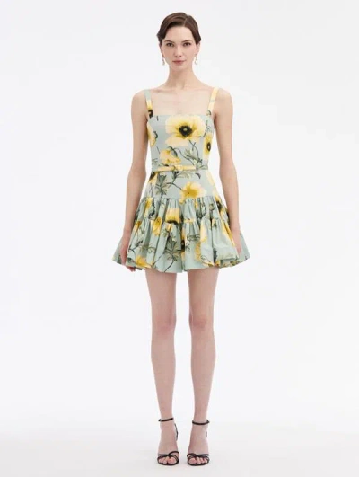Oscar De La Renta Poppy Cotton Poplin Tiered Mini Dress In Sage/yellow