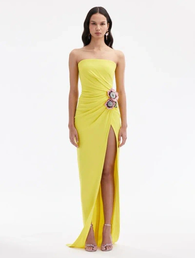 Oscar De La Renta Poppy Embroidered High Slit Gown In Canary