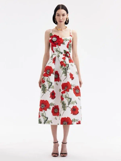 Oscar De La Renta Poppy Embroidered Scoop Neck Dress In White/red