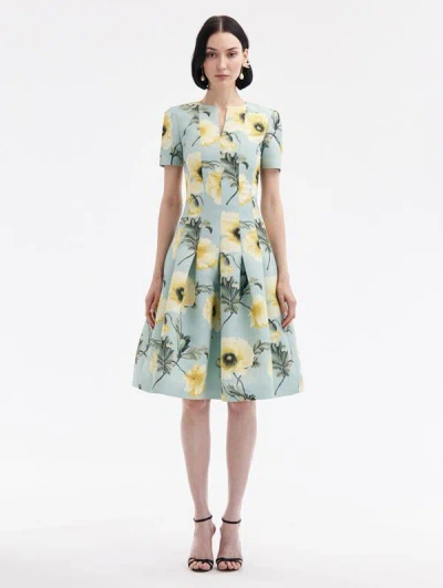 Oscar De La Renta Poppy Faille Split Neck Dress In Light Blue