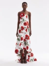 Oscar De La Renta Strapless Floral-print Faille Gown In White/red