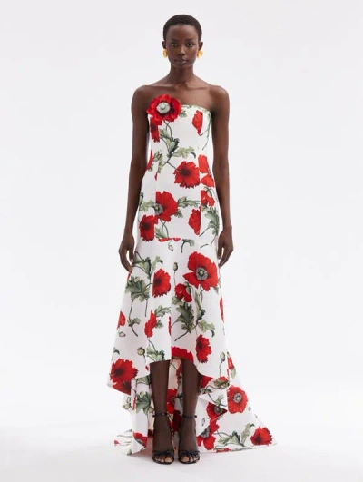 Oscar De La Renta Poppy Faille Trumpet Gown In White/red