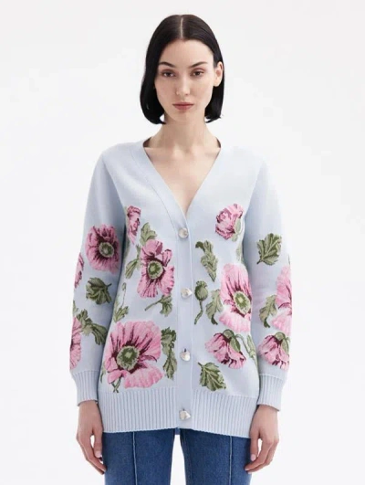 Oscar De La Renta Poppy Jacquard Cardigan In Light Blue/pink