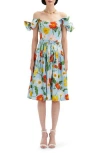 Oscar De La Renta Painted Poppies Cotton Poplin Off Shoulder Dress In Light Blue Multi