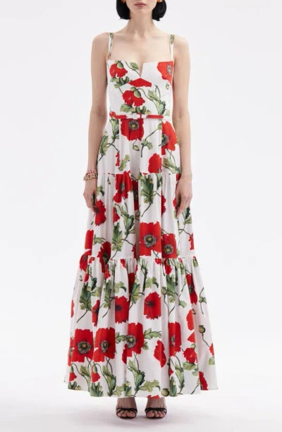 Oscar De La Renta Floral Cotton-poplin Maxi Dress In White/red