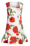 Oscar De La Renta Floral Cotton Cloque Mini Dress In White/ Red