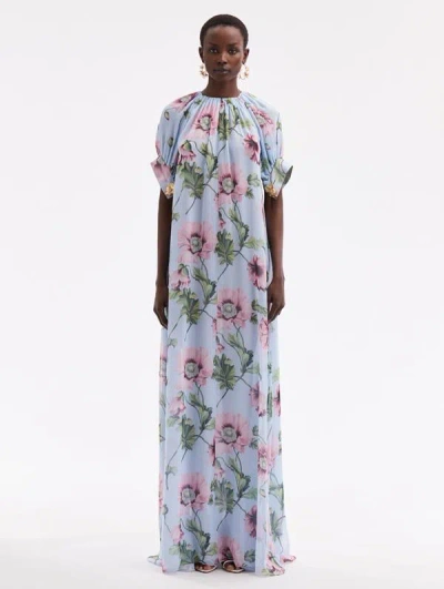 Oscar De La Renta Poppy-print Silk Chiffon Kaftan Dress In Light Blue/pink