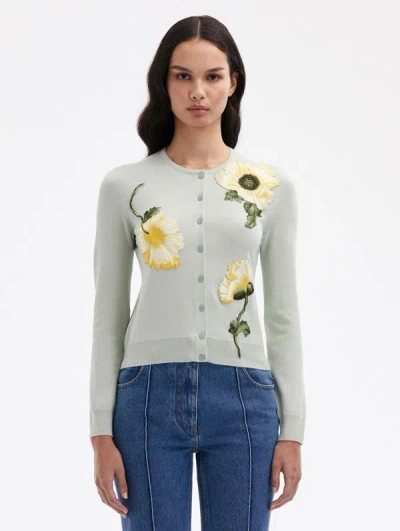 Oscar De La Renta Poppy Threadwork Cardigan In Sage/yellow