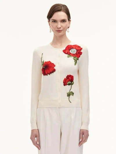 Oscar De La Renta Poppy Threadwork Cardigan In White/red