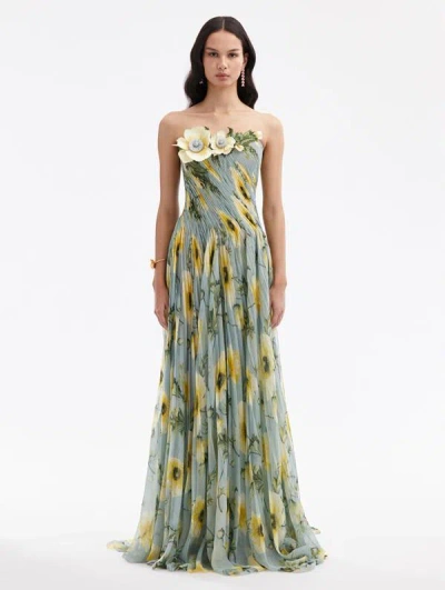 Oscar De La Renta Strapless Silk-chiffon Gown In Sage/yellow