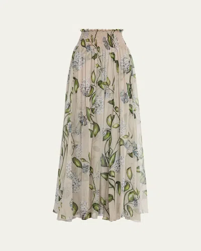 Oscar De La Renta Porcelain Flower Chiffon Maxi Skirt In Denim Oatmeal