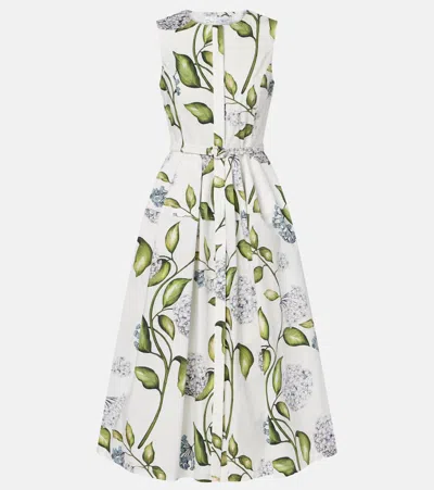 Oscar De La Renta Porcelain Flower Cotton-blend Midi Dress In White