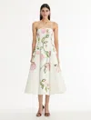 Oscar De La Renta Porcelain Flower Cotton Poplin Strapless Dress In Multi