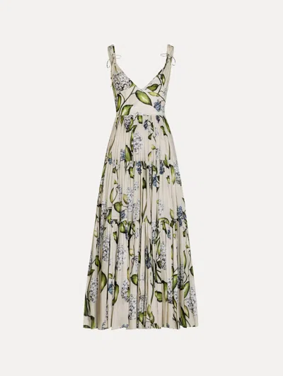 Oscar De La Renta Porcelain Flower Cotton Poplin V-neck Dress