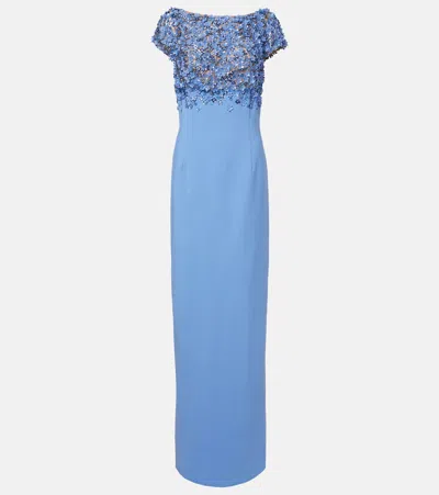 Oscar De La Renta Porcelain Flower Embellished Wool-blend Gown In Blue