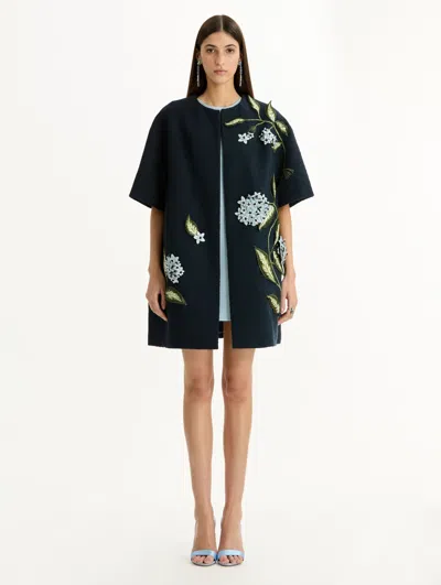 Oscar De La Renta Porcelain Flowers Embroidered Tweed Coat In Blue