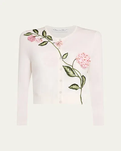 Oscar De La Renta Porcelain Flower Embroidered Crop Crewneck Cardigan In Multi