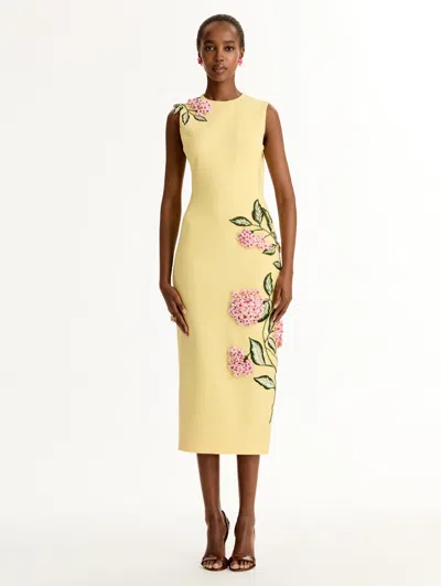 Oscar De La Renta Porcelain Flowers Embroidered Wool-blend Midi Dress In Yellow