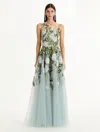 Oscar De La Renta Porcelain Flower Embroidered Gown In Multi