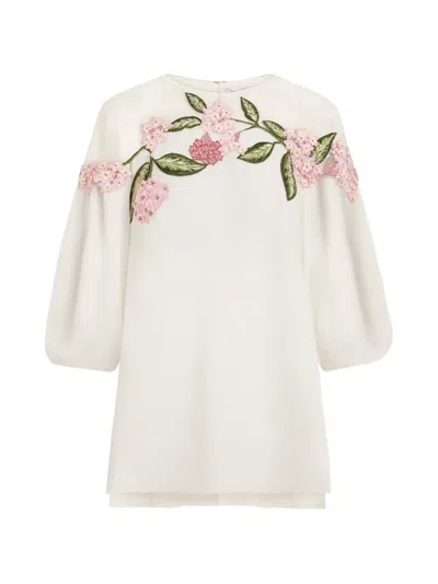 Oscar De La Renta Porcelain Flower Embroidered Illusion Blouse In Neutral