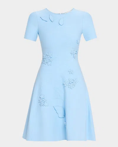 Oscar De La Renta Porcelain Flower Embroidered Jacquard Knit Mini Dress In Blue
