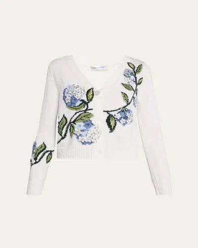 Oscar De La Renta Porcelain Flower Embroidered V-neck Cardigan In White