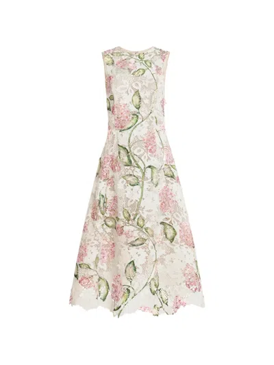 Oscar De La Renta Porcelain Flower Guipure Sleveless Dress In Multi