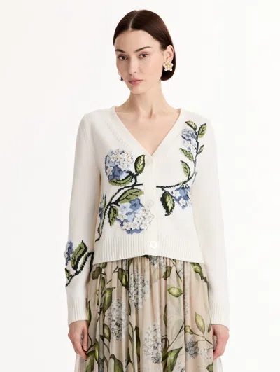 Oscar De La Renta Porcelain Flowers Jacquard Wool Cardigan In White