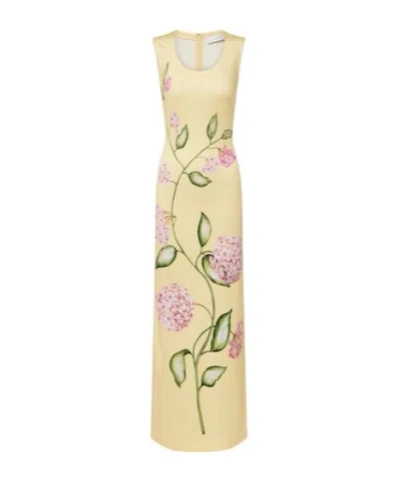 Oscar De La Renta Sleeveless Porcelain Flowers Jersey Maxi Dress In Yellow