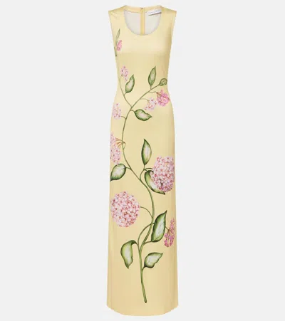 Oscar De La Renta Porcelain Flower Jersey Maxi Dress In Yellow