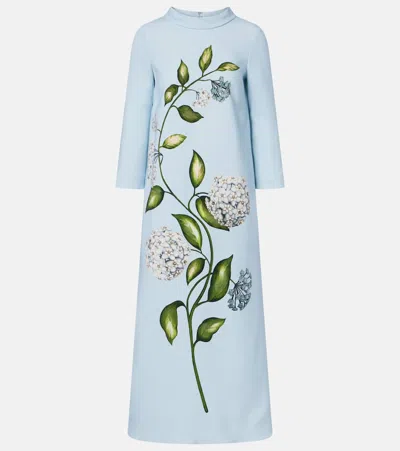 Oscar De La Renta Porcelain Flower Wool-blend Kaftan In Blue