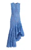 Oscar De La Renta Porcelain Flowers Asymmetric Guipure Midi Dress In Blue