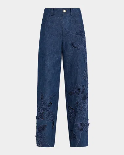 Oscar De La Renta Porcelain Flowers Embroidered Denim Straight-leg Jeans In Blue