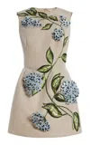 Oscar De La Renta Porcelain Flowers Embroidered Faille Cocktail Dress In Gray