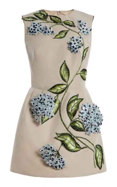 Oscar De La Renta Porcelain Flowers Embroidered Faille Cocktail Dress In Gray